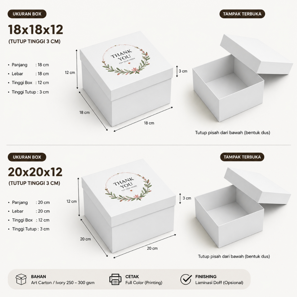 CUSTOM Box Tart 18x18x12 & 20x20x12 cm | Box Kue Tart Tutup Pisah | Minim 300 Pcs | Premium Ivory