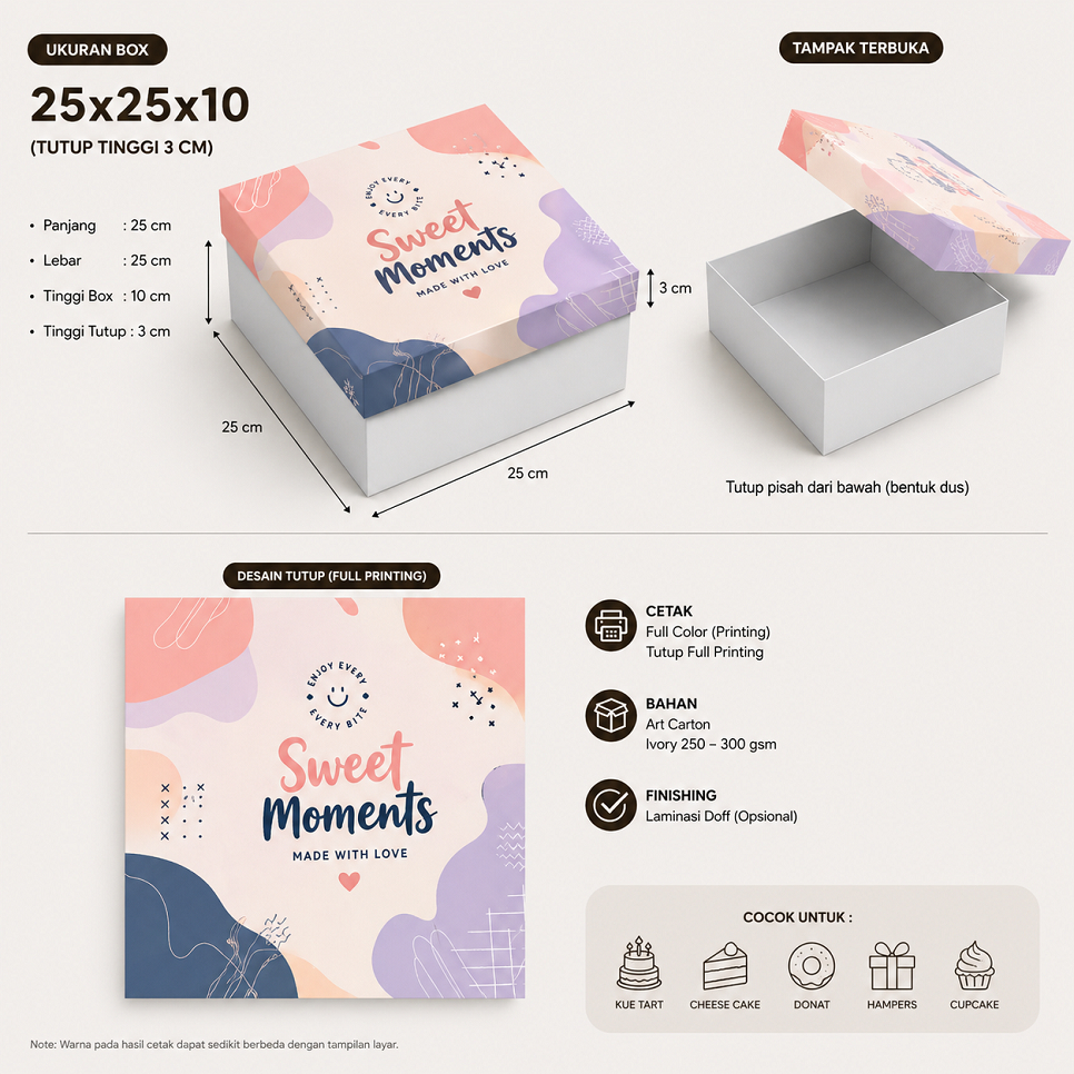 Box Tart Custom 25x25x10 Tutup Pisah Premium Ivory | Minim 300 pcs