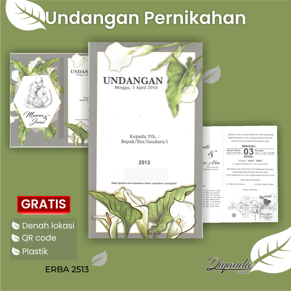 Undangan Pernikahan Minimalis Elegan Abu Hijau Floral | Blangko Undangan Nikah Murah | ERBA 2513