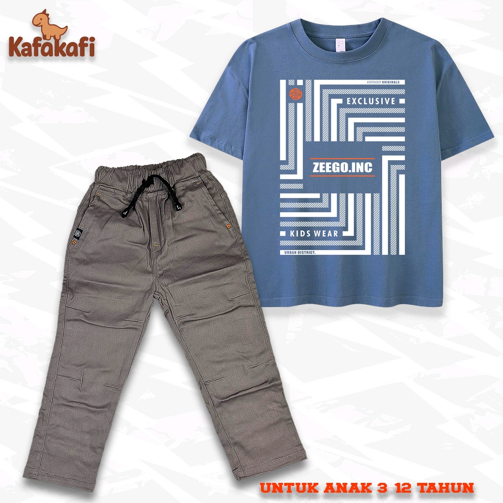Setelan Anak Kaos Distro dan Celana Chinos Panjang Usia 3-12 Tahun Motif Keren