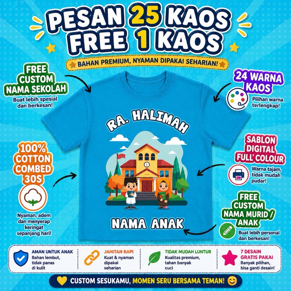 Sinergi Custom - Custom Kaos Kelasan Anak TK Paud SD Custom Nama & Gratis Desain - Kaos kelasan anak