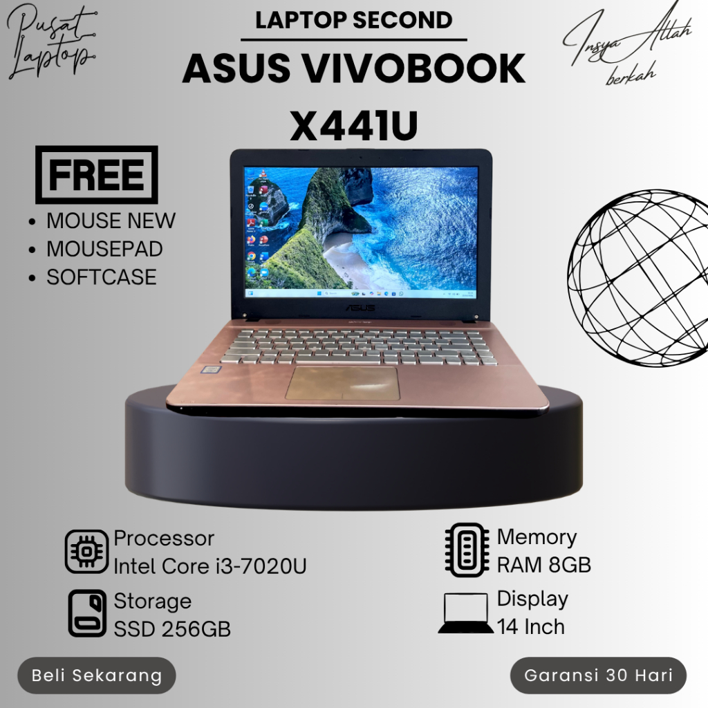 ASUS VIVOBOOK X441U SECOND | INTEL CORE I3 GEN 7 | RAM 8GB | SSD 256B | NORMAL | BERGARANSI