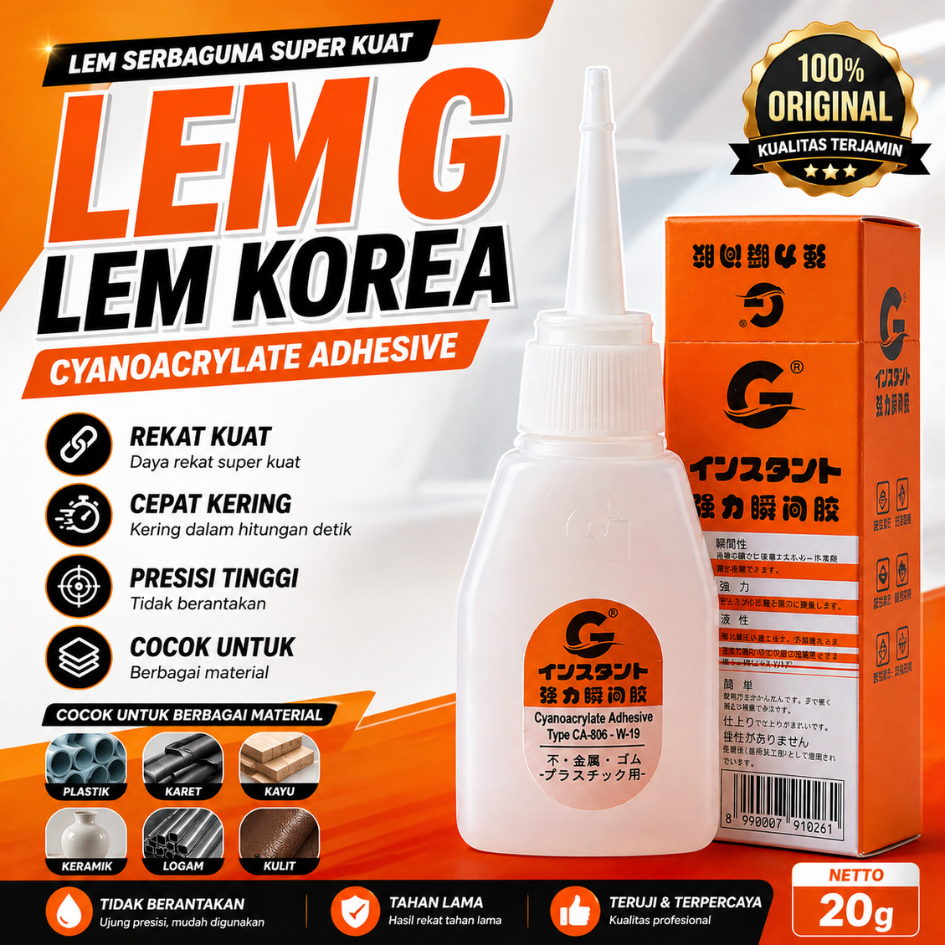 LEM G KOREA ORIGINAL 100% Tahan Lama Cepat Kering plastik mika kayu kertas besi gabus kaca karet kal