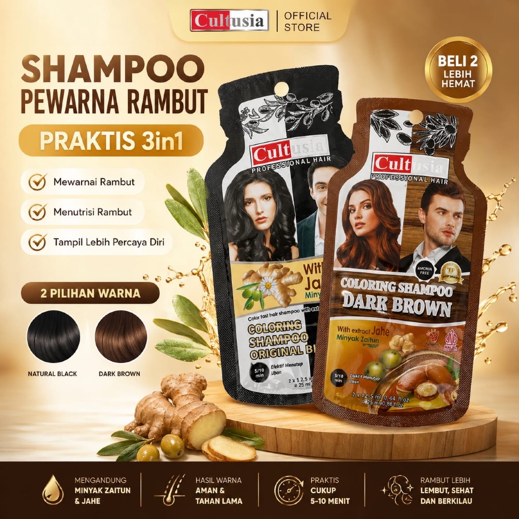 Shampo Uban Penghitam Rambut Uban 25ml Sachet Cultusia Shampoo Original Black dengan Ekstrak Jahe & 