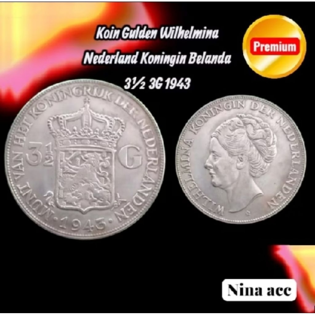 KOIN PERAK SILVER WILHELMINA NEDERLAND BELANDA 3½ 3G  1943