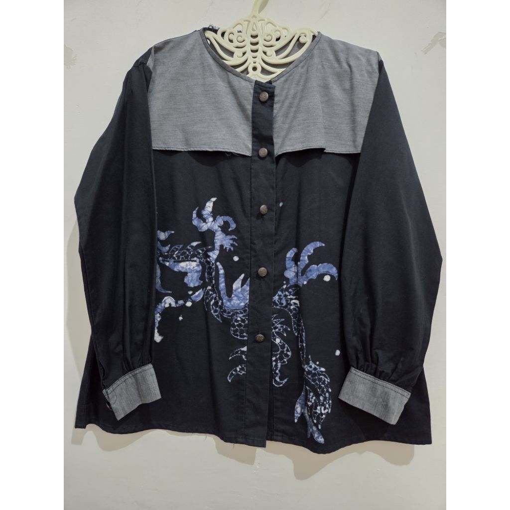 Baju Atasan Batik Lukis Biru Navy Jeans Kombinasi Cewek Wanita