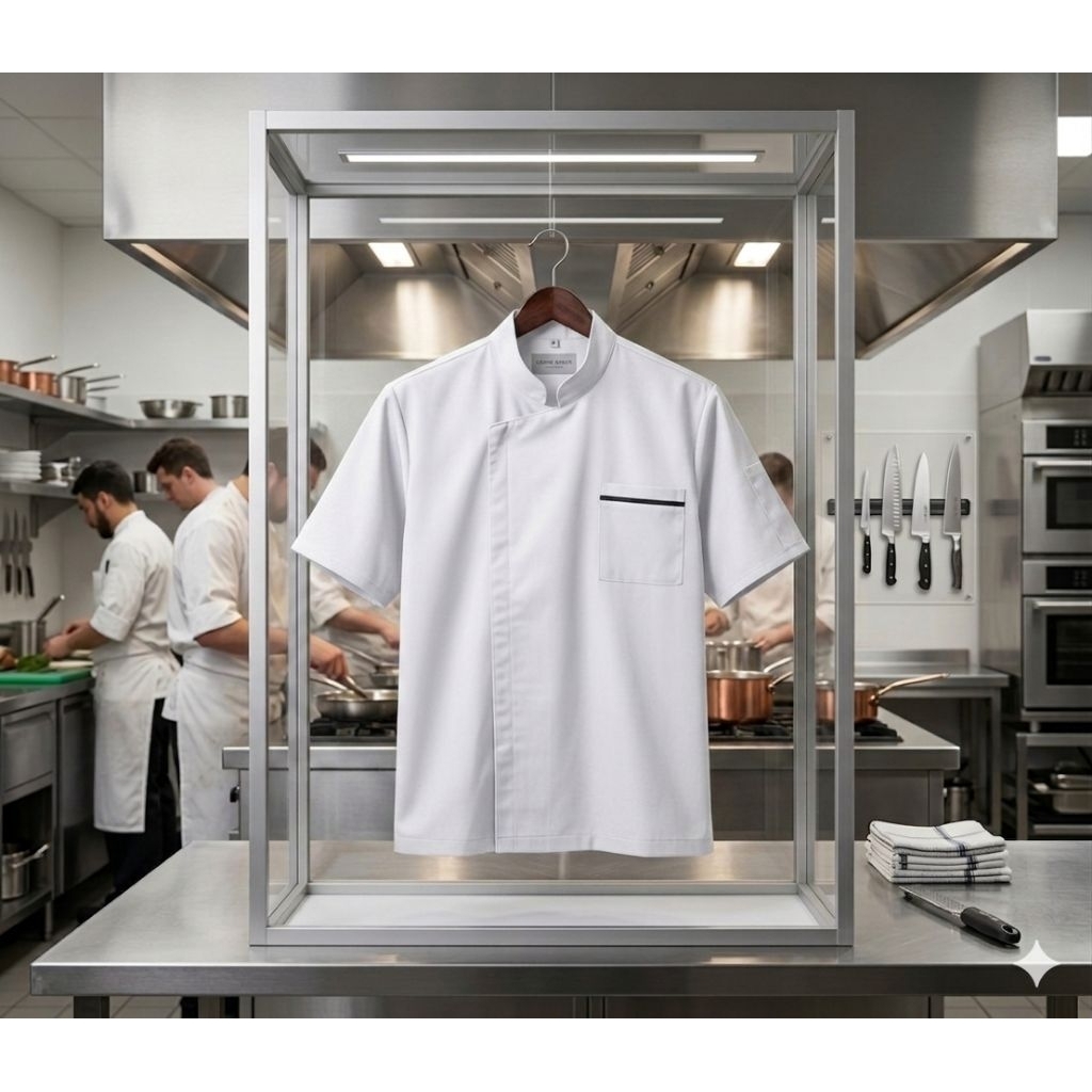 Baju chef lengan pendek bahan drill unione