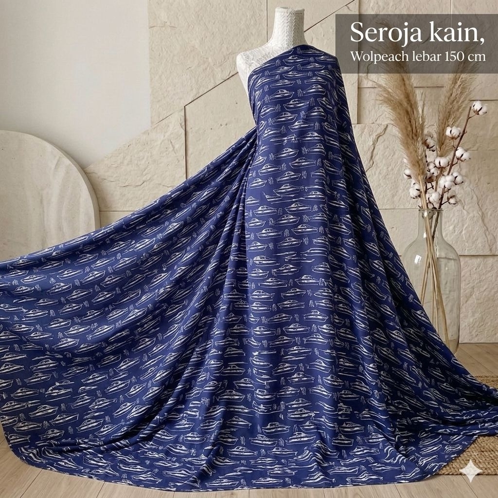 Kain Wolpeach Motif Kapal | Bahan Gamis Tunik Hijab Meteran Aj