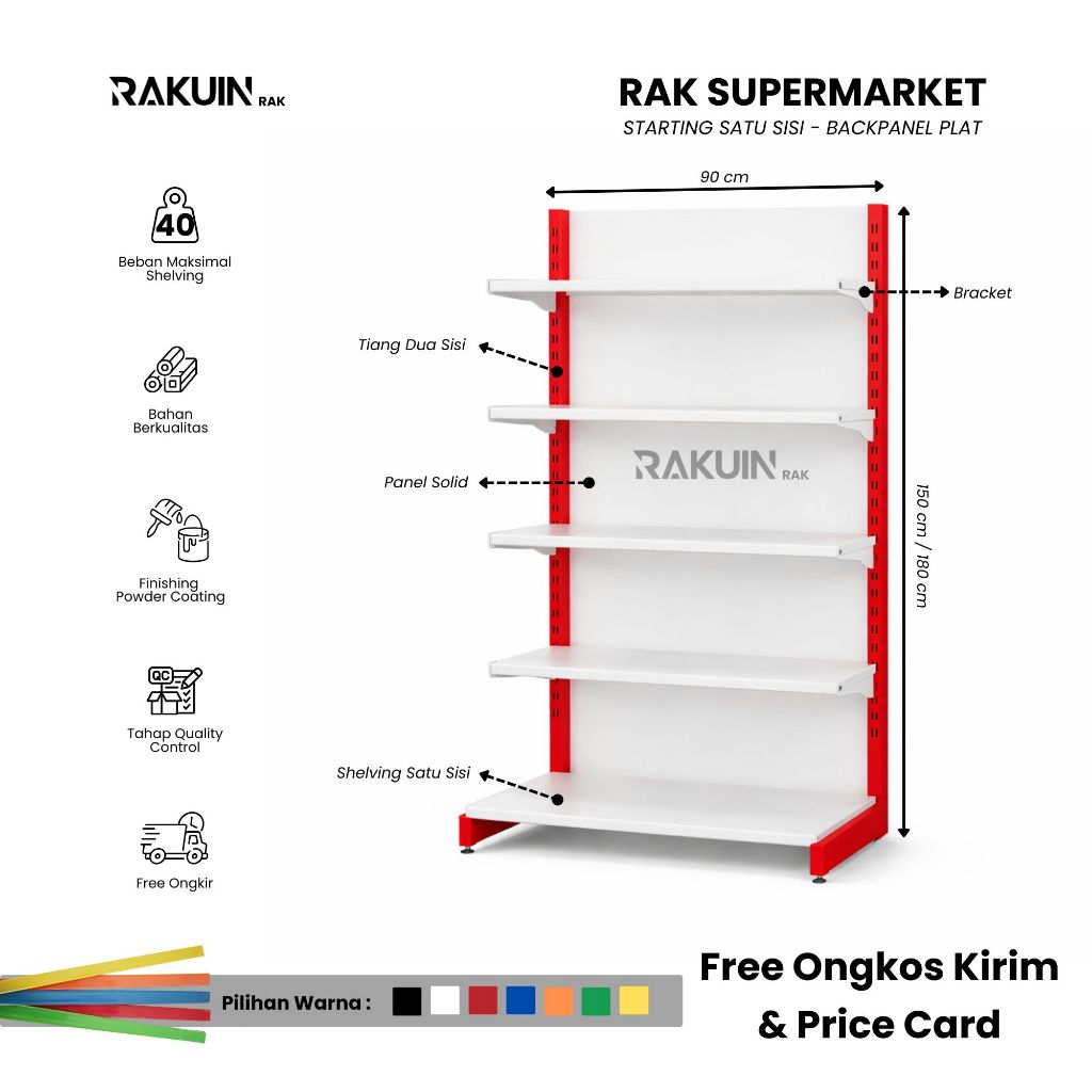 Rak Minimarket Satu Sisi Pembuka Plat Solid / Gondola Single Starting Backpanel Plat / Untuk Display