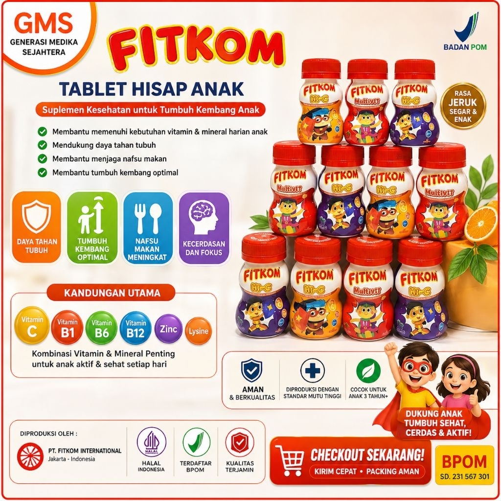 Fitkom Hi-C Tablet Hisap ISI 21 - MULTIVITAMIN,PENAMBAH NAFSU MAKAN, Membantu Daya Tahan Tubuh Anak