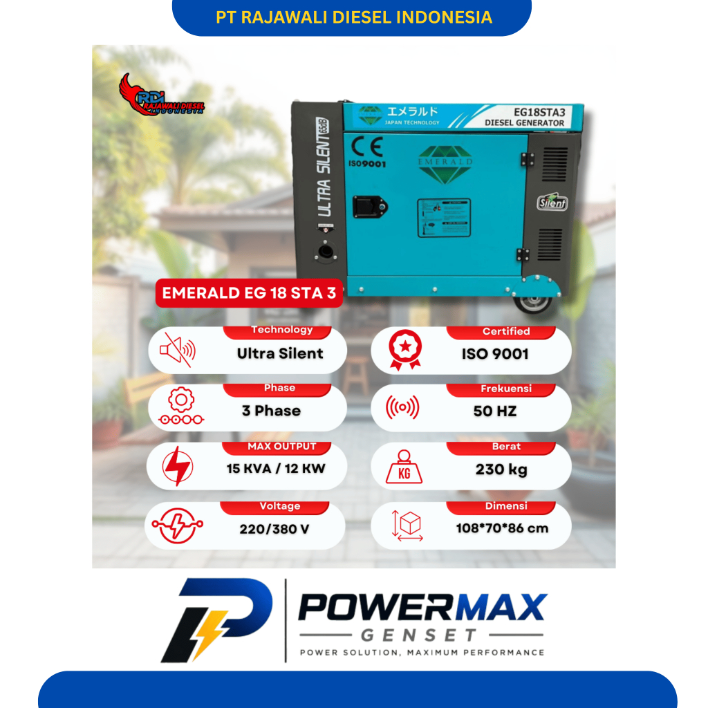 Genset Portable Emerald EG 18STA3 15 KVA 3 Phase Silent Type Bahan Bakar Diesel 380V Harga Bisa Di N