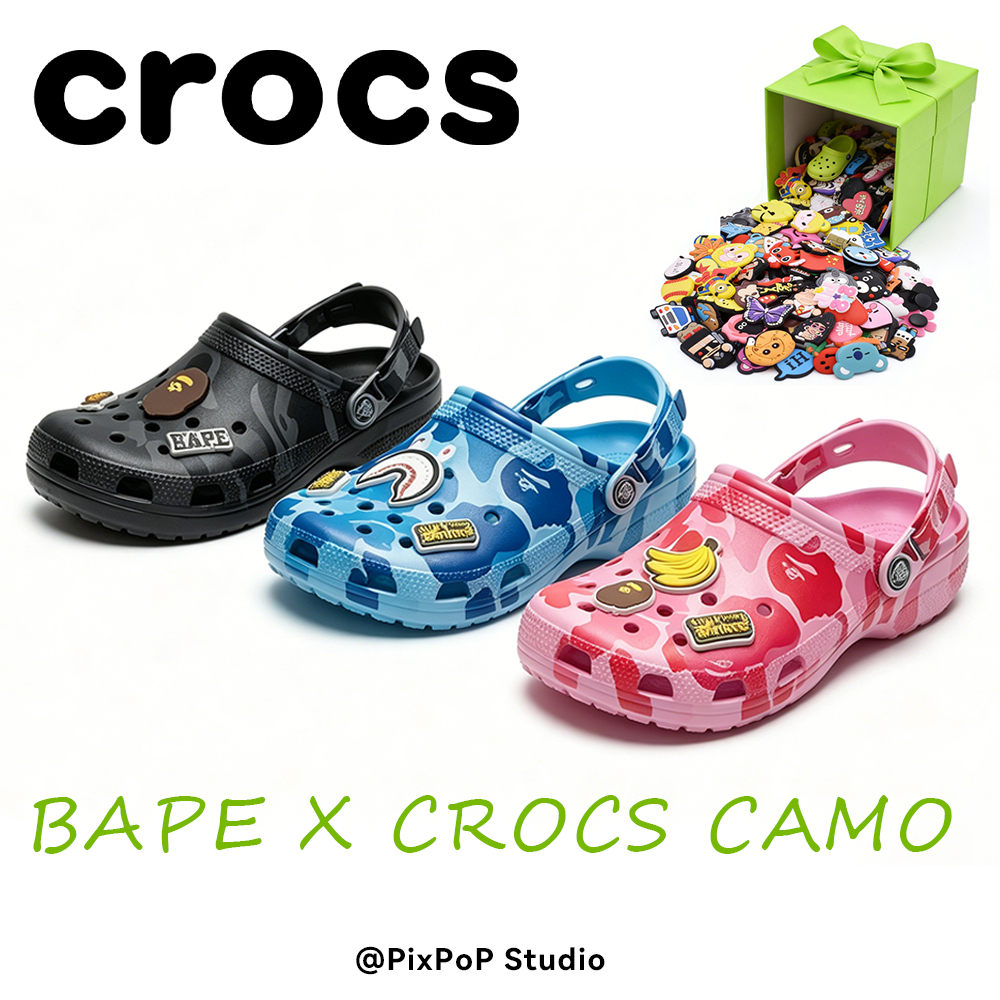 [COD] Sandal Baim BAPE X CROCS Camo Classic Clog / Sandal Kodok Pria Wanita Motif Loreng Abu Premium