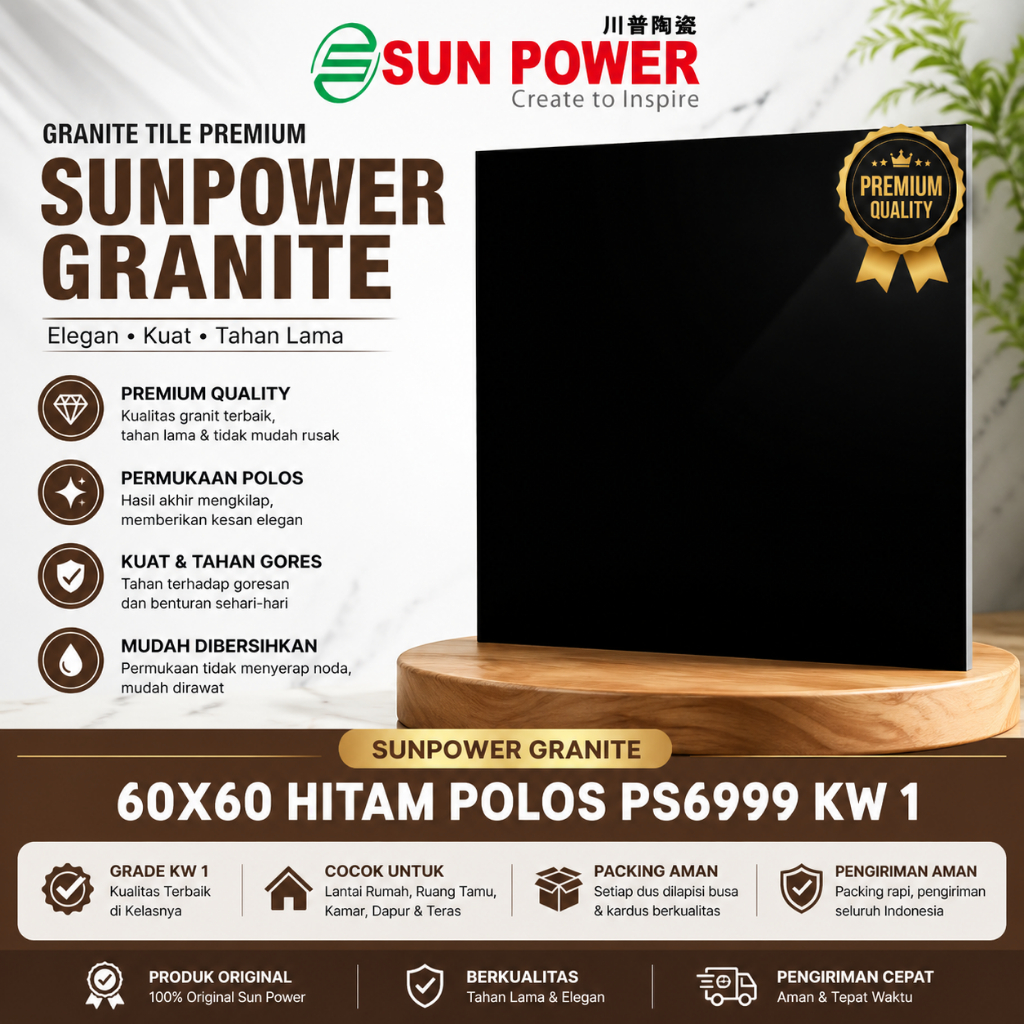 Granite Lantai 60x60 Hitam Polos Sun Power Granite PS6999 KW1 Premium Glossy