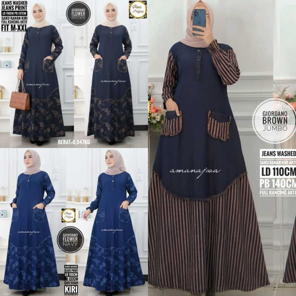 Gamis Wanita Orian Maxy Jeans Mix Katun Biru Coklat LD 120cm Giordano Original Ama Najwa