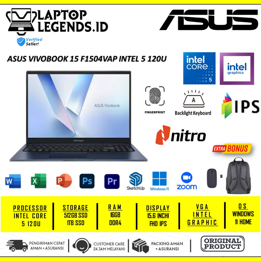 Laptop Asus Vivobook 15 F1504VAP Intel Core 5 120U 16GB 1TB 15 Inch Full Hd Backlight FIngerprint