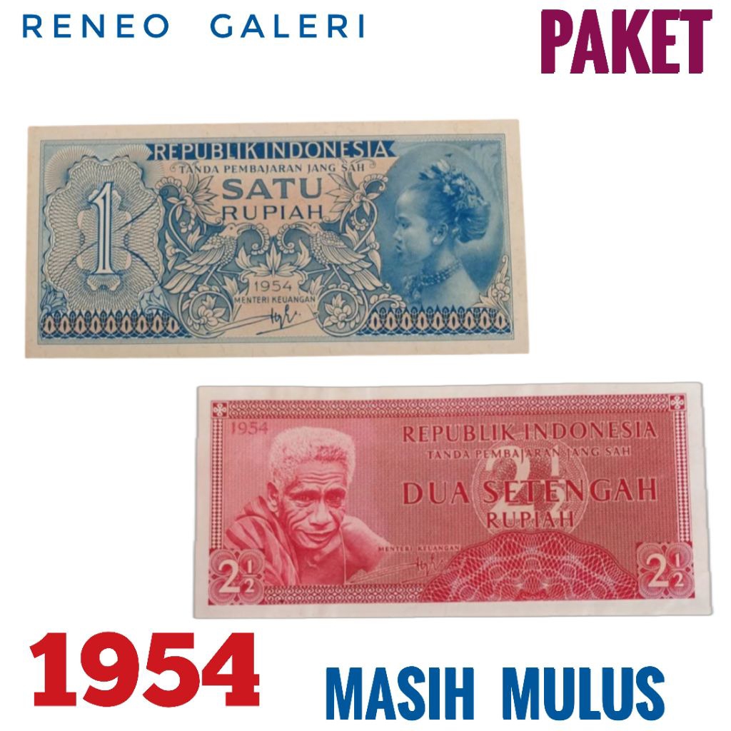 Paket 2 lembar Tahun 1954 Seri suku bangsa uang kertas kuno Indonesia duit Jadul 1 2½ Rupiah lawas a