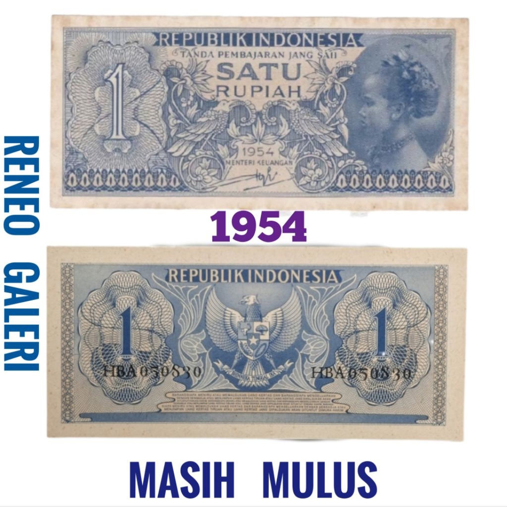 Mulus Asli 1 Rupiah tahun 1954 Seri suku bangsa Rp gadis jawa uang kertas kuno Indonesia duit jadul 