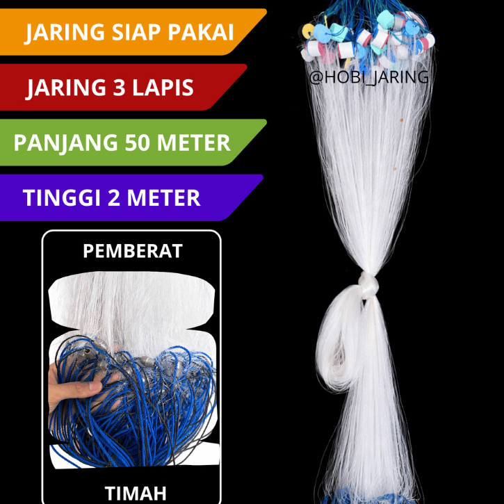 Jaring ikan 3 lapis siap pakai tinggi 2 m panjang 50 m pemberat timah jaring kantong