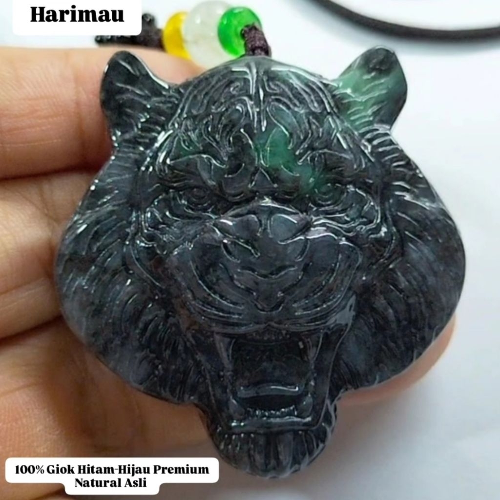 Giok Macan/ Harimau 100% Burma [Jadeite] Hitam Hijau Natural Asli Bersertifikat Grade A 0181