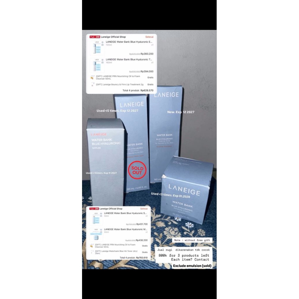 Laneige water bank blue hyaluronic (jual rugi karna tdk cocok,produk masih baru exp lama)