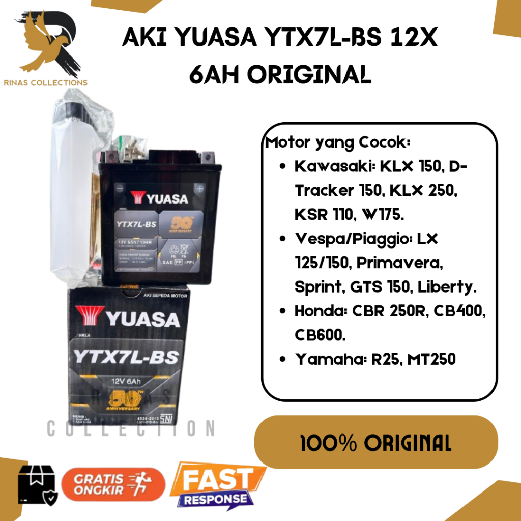 AKI YUASA YTX7L-BS 12V 6A ORIGINAL YUASA COCOK UNTUK CBR 150, KLX 150, VESPA