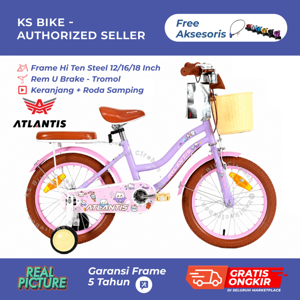 Sepeda Anak Perempuan 12 16 18 Inch Atlantis W7 WM Keranjang Roda Samping Rem Tromol Ban 2.125 Free 