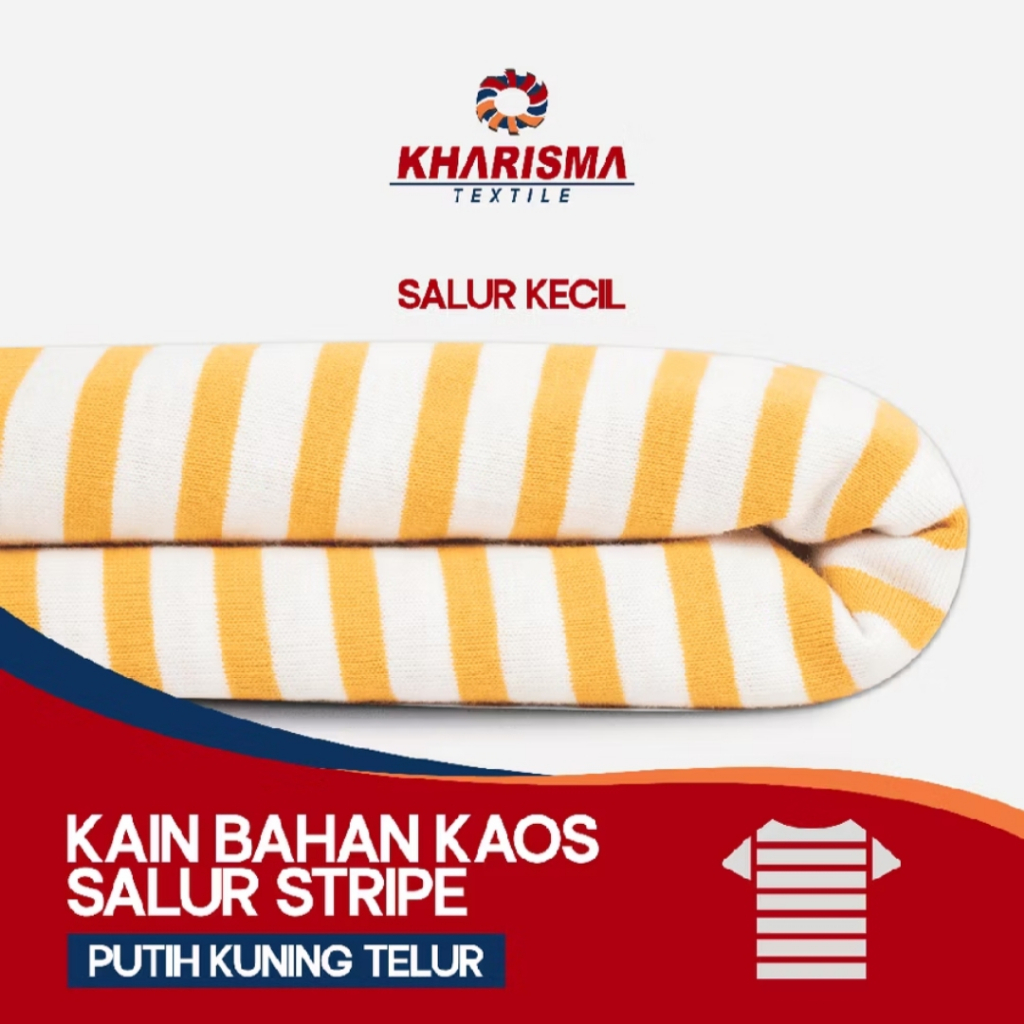 Kain Bahan Kaos Salur Kecil Putih - Kuning Telur CVC 30s corak Motif Garis Stripe 0,7cm x 0,5cm Khar