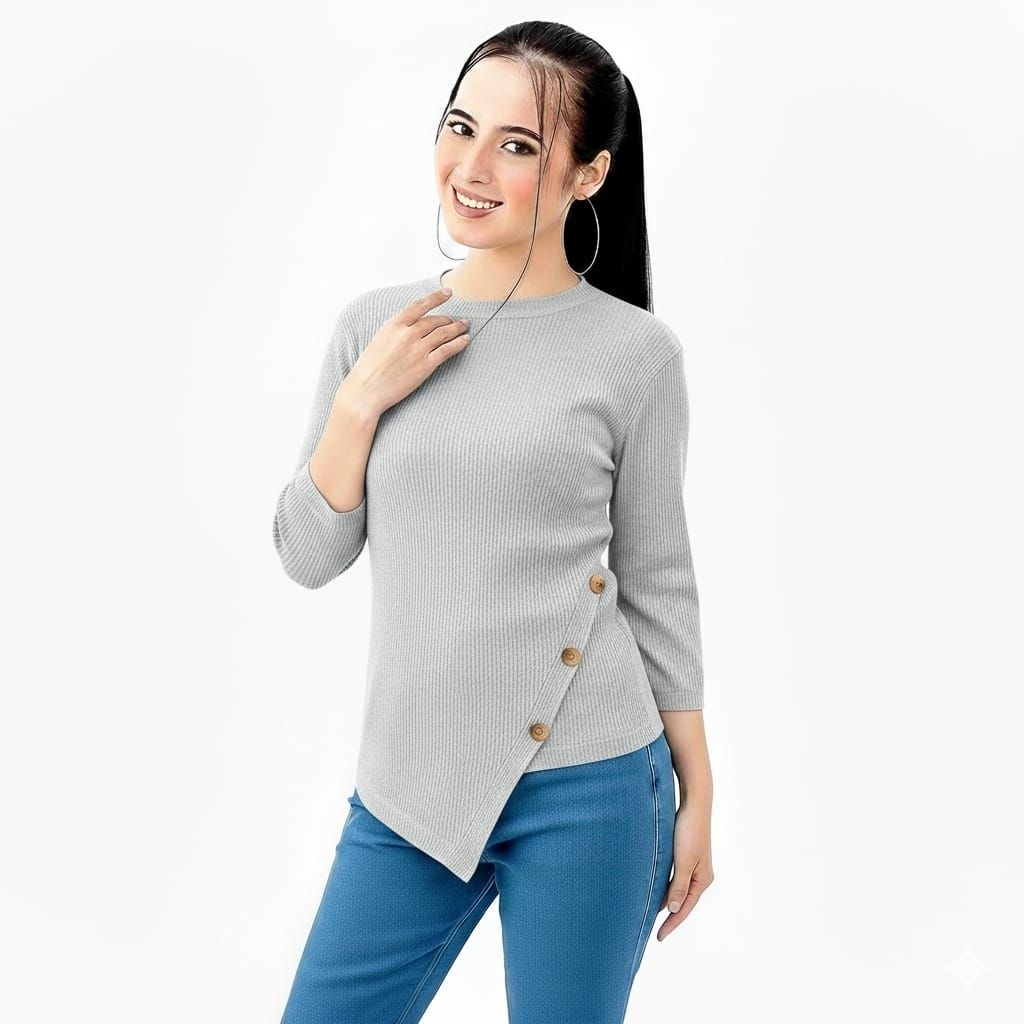 BEST SELLER  Kaos Lengan Panjang Kancing Samping Asimetris - Atasan Wanita Rib Knit Premium | Kaos L