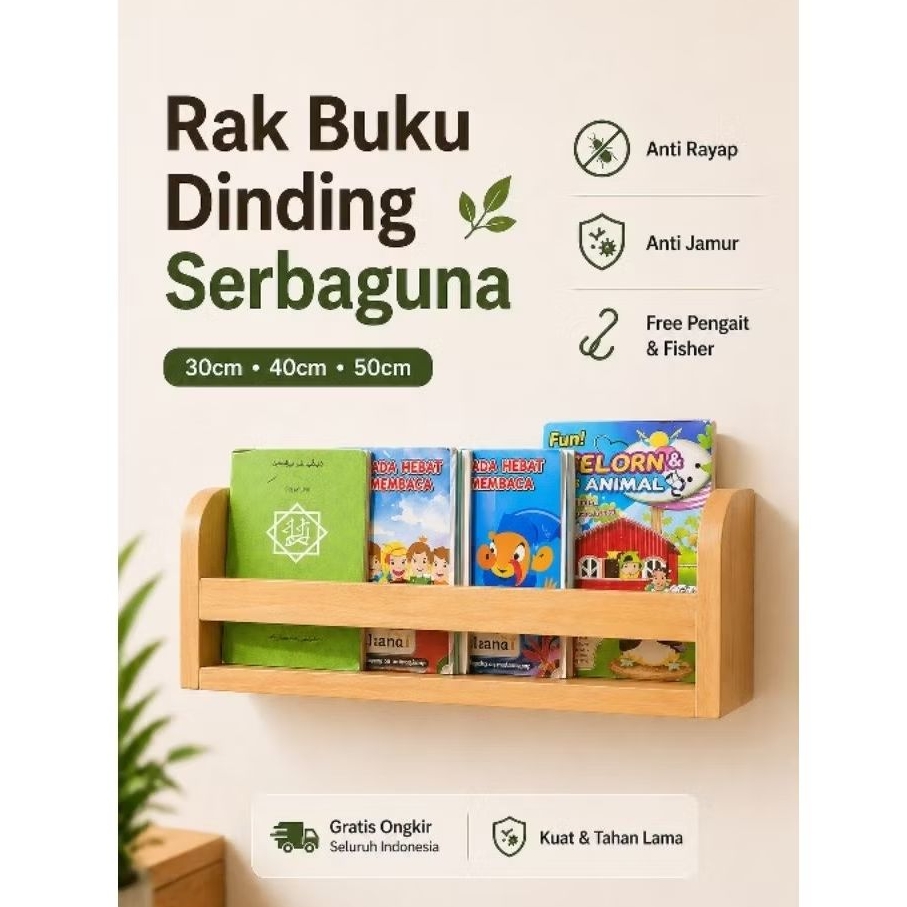 Rak Buku Dinding Kayu Minimalis serbaguna 30 40 50 cm | Tebal Kokoh & Awet | Rak Tempel Estetik