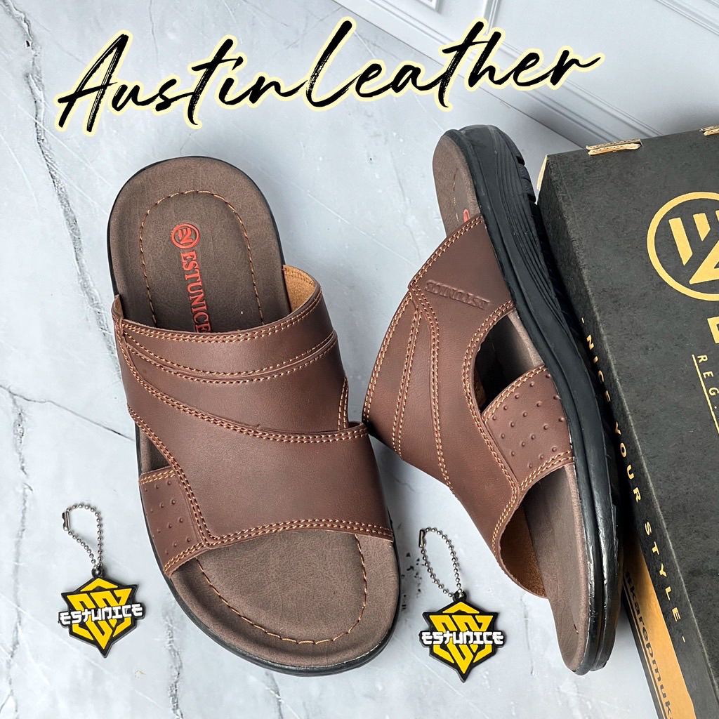 Estunice Sandal Pria Kulit Sendal Slop Selop Slip On Slide Pria - Hylos Slop Coklat pekanbaru riau