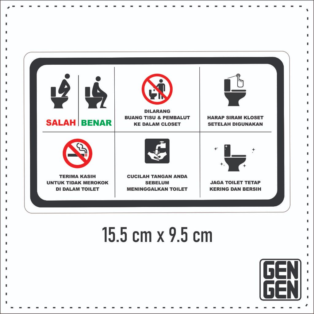 TULISAN ATURAN TOILET DUDUK WC 15.5 cm x 9.5 cm | TULISAN EDUKASI TOILET BENAR & BERSIH ANTI AIR - K