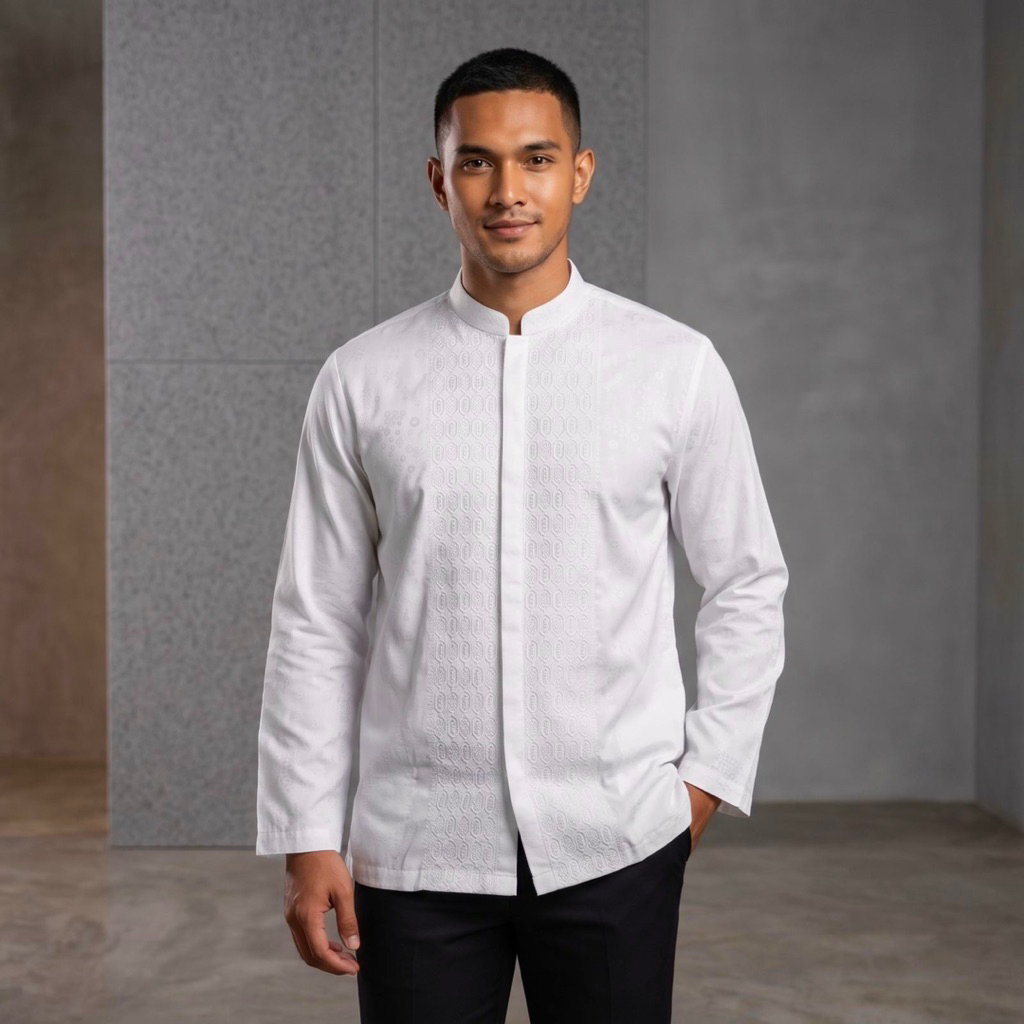 Baju koko lengan panjang bahan jaquard premium / kemeja koko putih bw bordir mewah Hasgradini