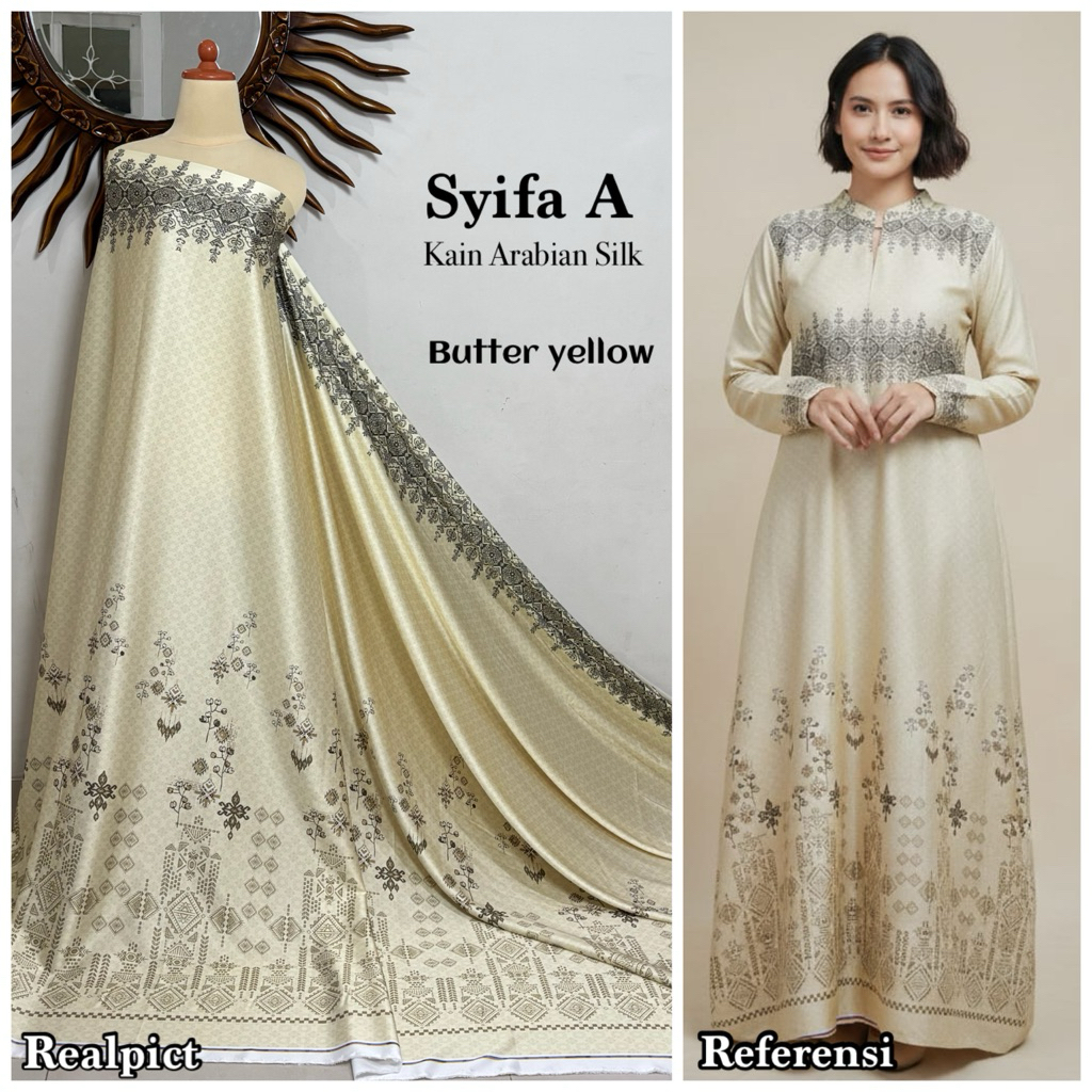 Bahan Kain Sutra Arabian Silk Butter yellow motif Syifa etnik / soft baby yellow / kain meteran mura