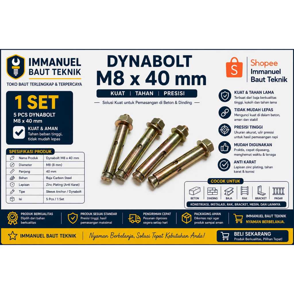 Dynabolt M8x40 M8x65 Baut Angkur Besi Dynabolt 8mm