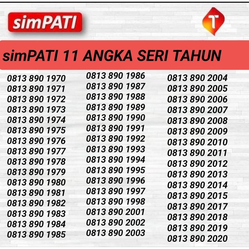 NOMOR CANTIK SIMPATI 11 DIGIT TELKOMSEL SERI TAHUN 890 TAHUN