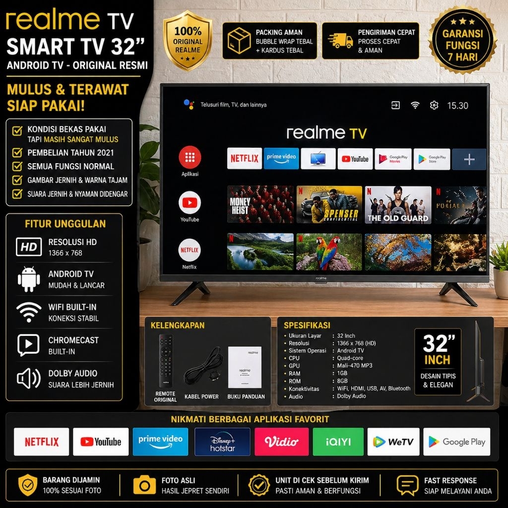 Realme Smart TV 32 Inch Android TV Bekas Mulus WiFi Netflix YouTube