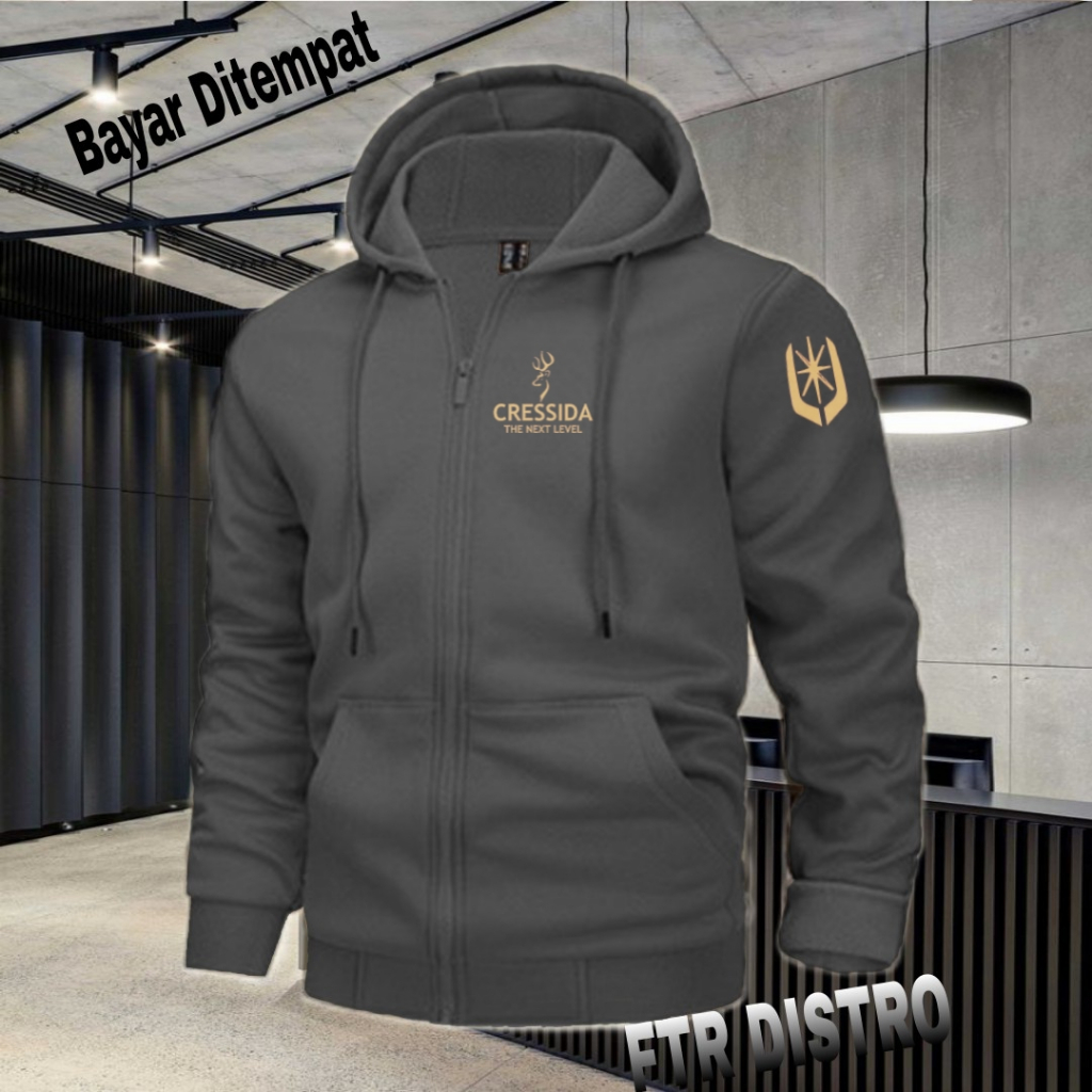 (COD) Jaket Resleting Distro Cressida+Lengan Text Gold  Jaket Pria Wanita Terkeren Jaket Denim Distr