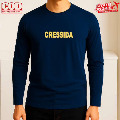T-Shirt pria Kaos Pria Dan Wanita Kaos distro Kaos Lengan Panjang Cressida Text Print Gold Kaos Dewa