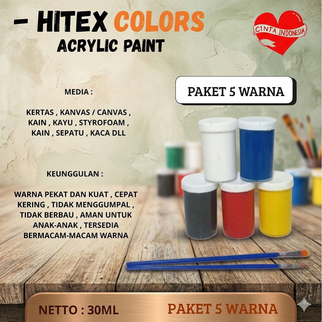 Cat Lukis Akrilik Paket  Warna Primer isi 5 Warna @ 30 ml + 2 Kuas Acrylic Paint 5 primer