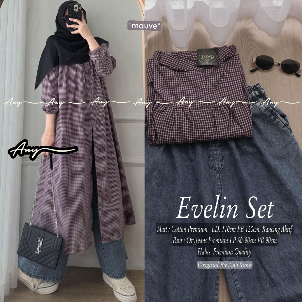 flaza evelin one set celana jeans by A.N.Y long tunik kotak kotak baju kemeja wanita one set wanita 