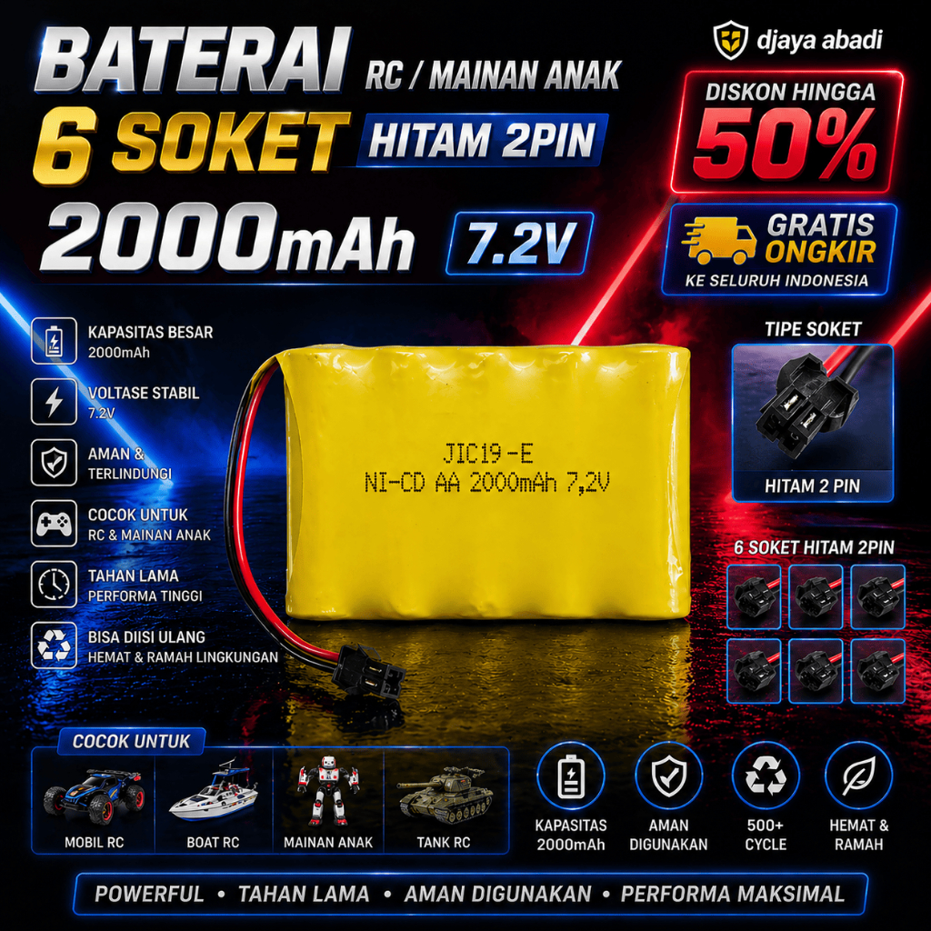 Baterai RC 7.2V 6 Soket Hitam 2 Pin 2000mah - Batre Mobil Remot Control 6x AA NI-CD 7.2volt - 2000mA