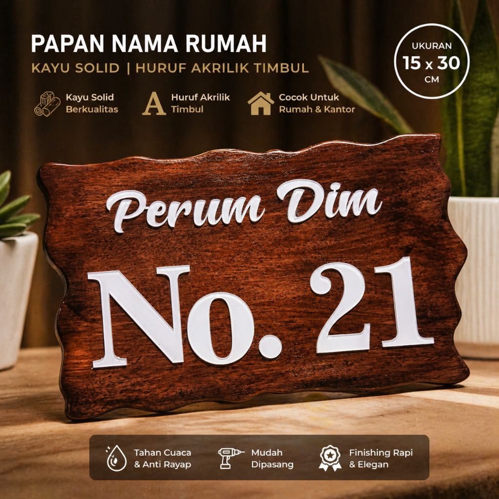 Papan Nama Rumah Kayu 15x30 cm Custom | Nomor Rumah Akrilik Timbul | Plakat Nama Rumah Estetik Minim