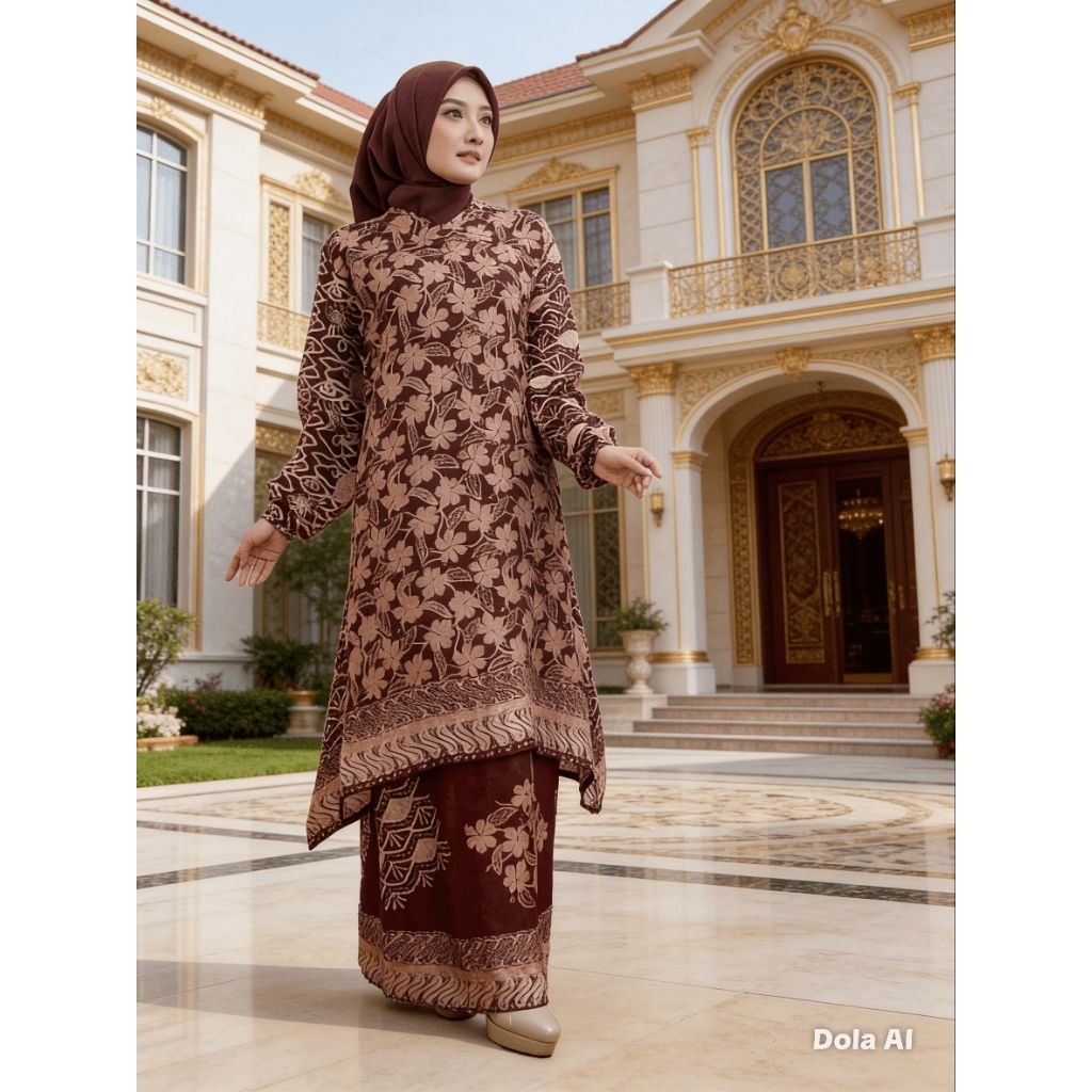 ALAZZA-Set Batik Tunik Dobby Sutra Viscose Premium/Baju Kurung Batik Moderen
