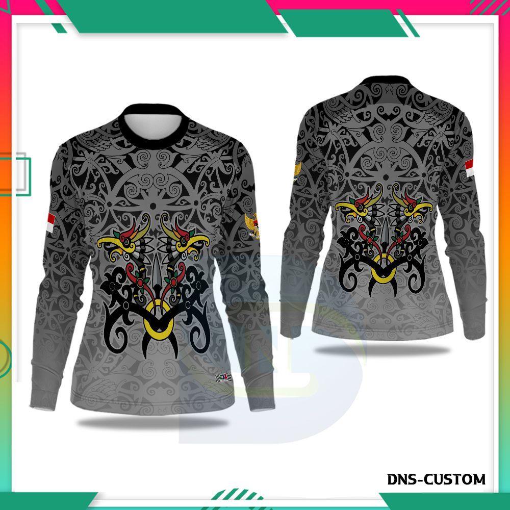 Kaos Wanita Motif Dayak Kenyah/Baju Dayak Enggang/Jersey Ranting Dayak Lengan Panjang Custom