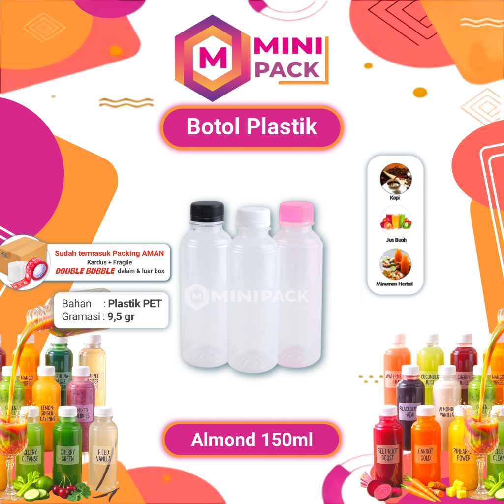 Botol Almond 150 ml Plastik Transparan +Tutup Puding Sirup 150ml Panjang Puding Kecil Mungil Buncit 