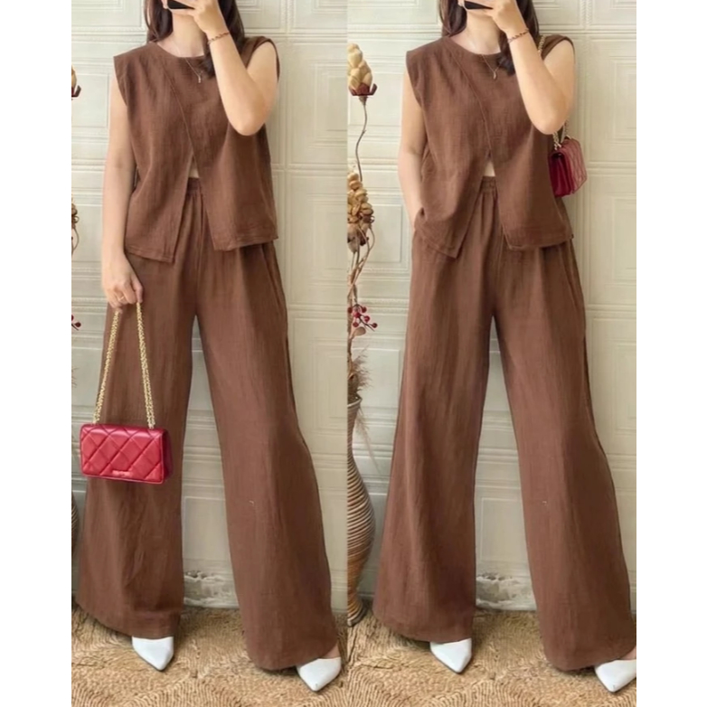 Yolla set Atasan + kulot Bahan Linen one set wanita kekinian ootd pantai lucu stelan wanita terbaru