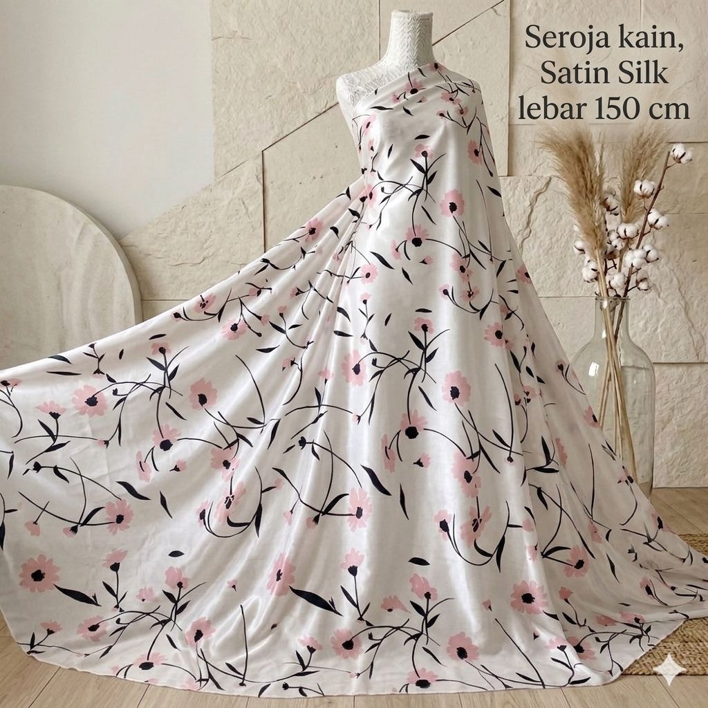 Kain Satin Silk Motif Bunga Pink Putih Meteran | Bahan Piyama Baju Tidur Dress Blouse Premium Aj