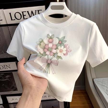 Peach Fashion Atasan Wanita Korea Style Kaos Wanita Crop Top Lengan Pendek Kerah Bulat Motik Buket B
