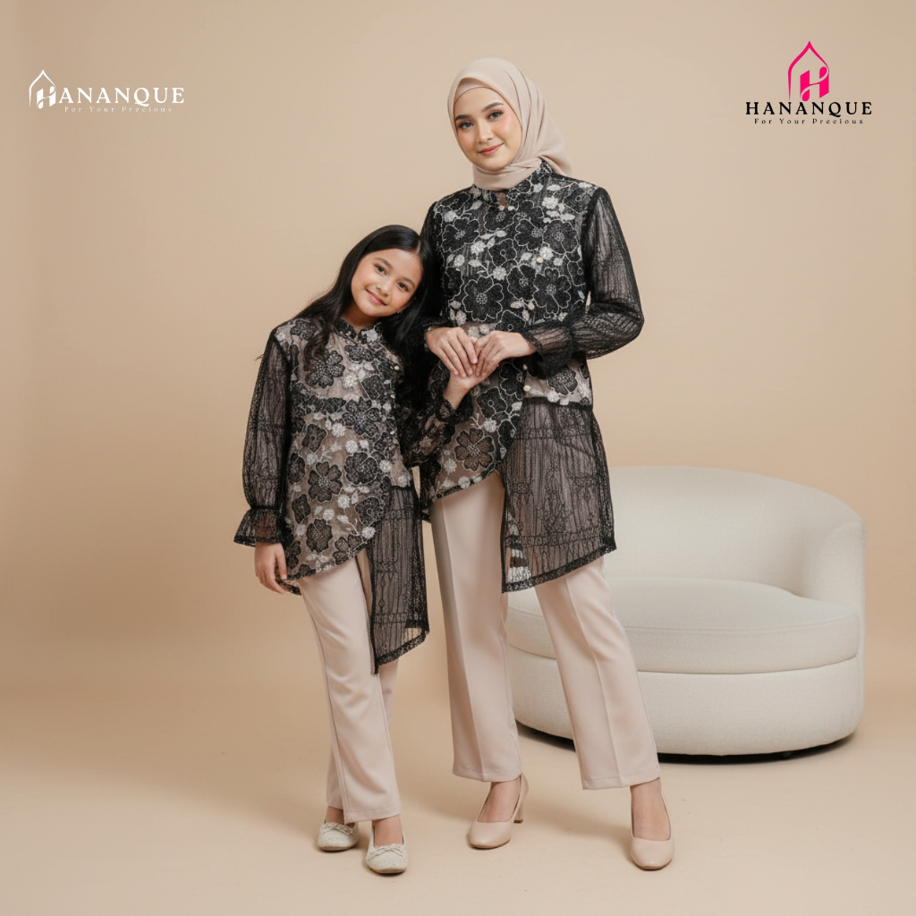 Hananque Virlly Tunik Outer Kebaya Couple Ibu dan Anak Usia 1-13 Tahun Kondangan Brukat 3D Prada