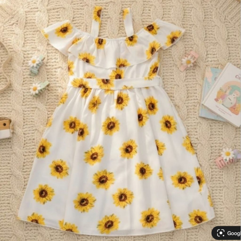 (8-12th) Gaun pantai anak remaja Sabrina putih import bunga matahari dress katun casual cewek